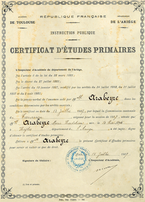 Certificat d'études primaires Madeleine Arabeyre - 15 juillet 1907